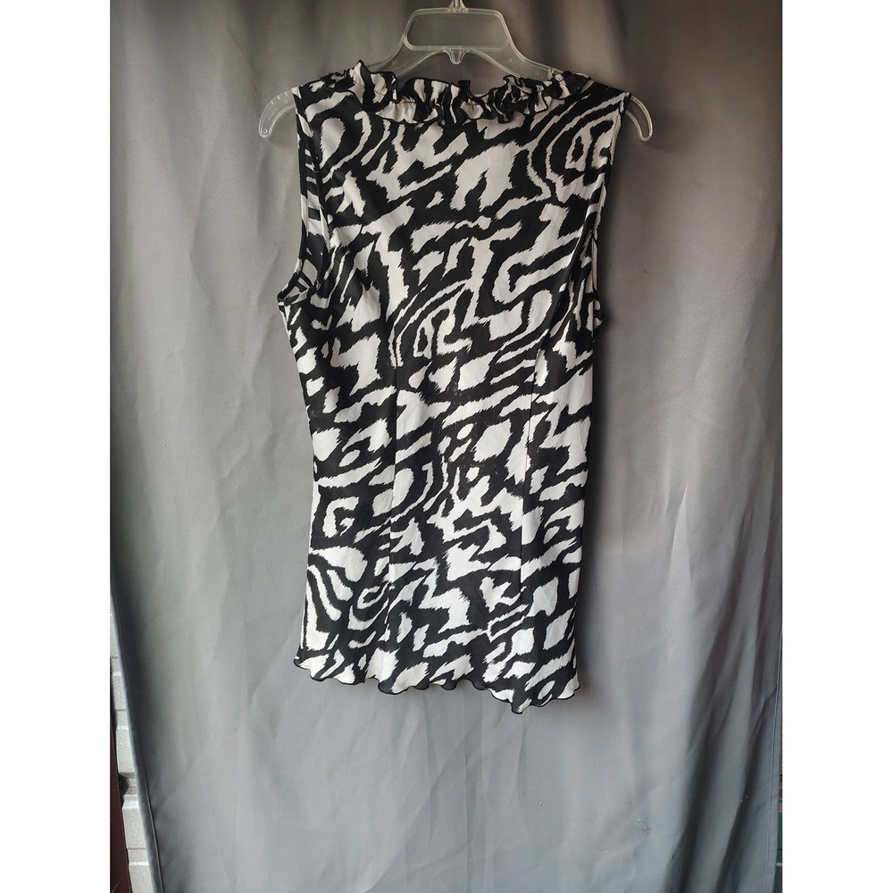 New Directions Womens Large Black White Abstract Animal Print Ruffle Neck Top - Picture 3 of 3